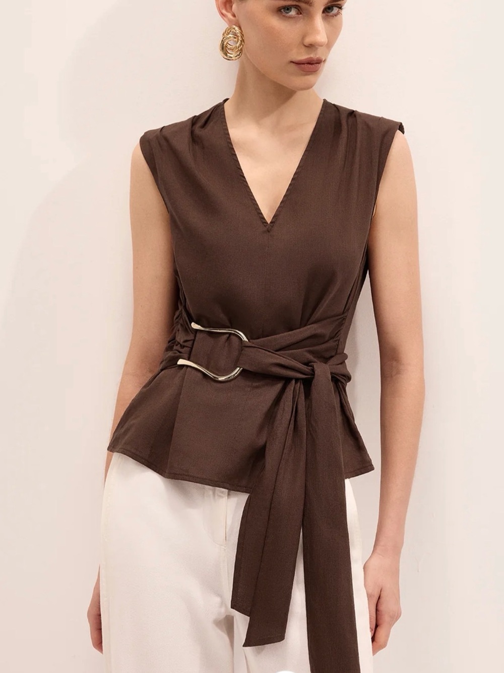 NWT Commense Women's Brown V-Neck Belted Top